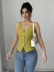 Camiseta sin mangas de un solo pecho de unicolor casual para mujer - Verde 3 - Ver 4