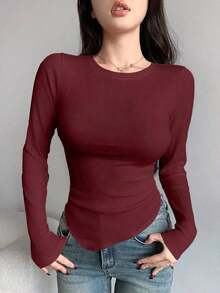Camiseta de mujer de manga larga con diseño asimétrico y ajuste ceñido, ropa de otoño con estilo preppy - Rojo - Ver 3