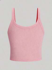 Top de tirantes corto de punto acanalado de unicolor minimalista para uso casual y diario de verano para mujeres - Rosa - Ver 2