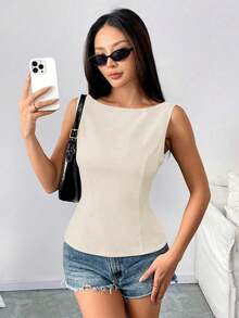 Camisa sin mangas con lazo en la espalda de unicolor, elegante, casual, sexy y minimalista para uso en la oficina y negocios para mujeres, primavera/verano - Albaricoque - Ver 8
