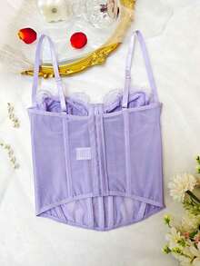 1 pieza Parte superior corta ajustada con adorno de encaje de moda para mujer, camiseta interior ajustada sexy tipo corsé, adecuada para fiesta, viaje, reunión, Navidad, San Valentín, vacaciones de verano casual - Morado - Ver 7