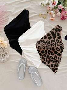 Set de 3 blusas de mujer con hombros descubiertos y bajo asimétrico en estampado de leopardo en rojo y negro, inspiradas en el estilo de vacaciones, adecuadas para el verano y la playa - Multicolor 6 - Ver 8