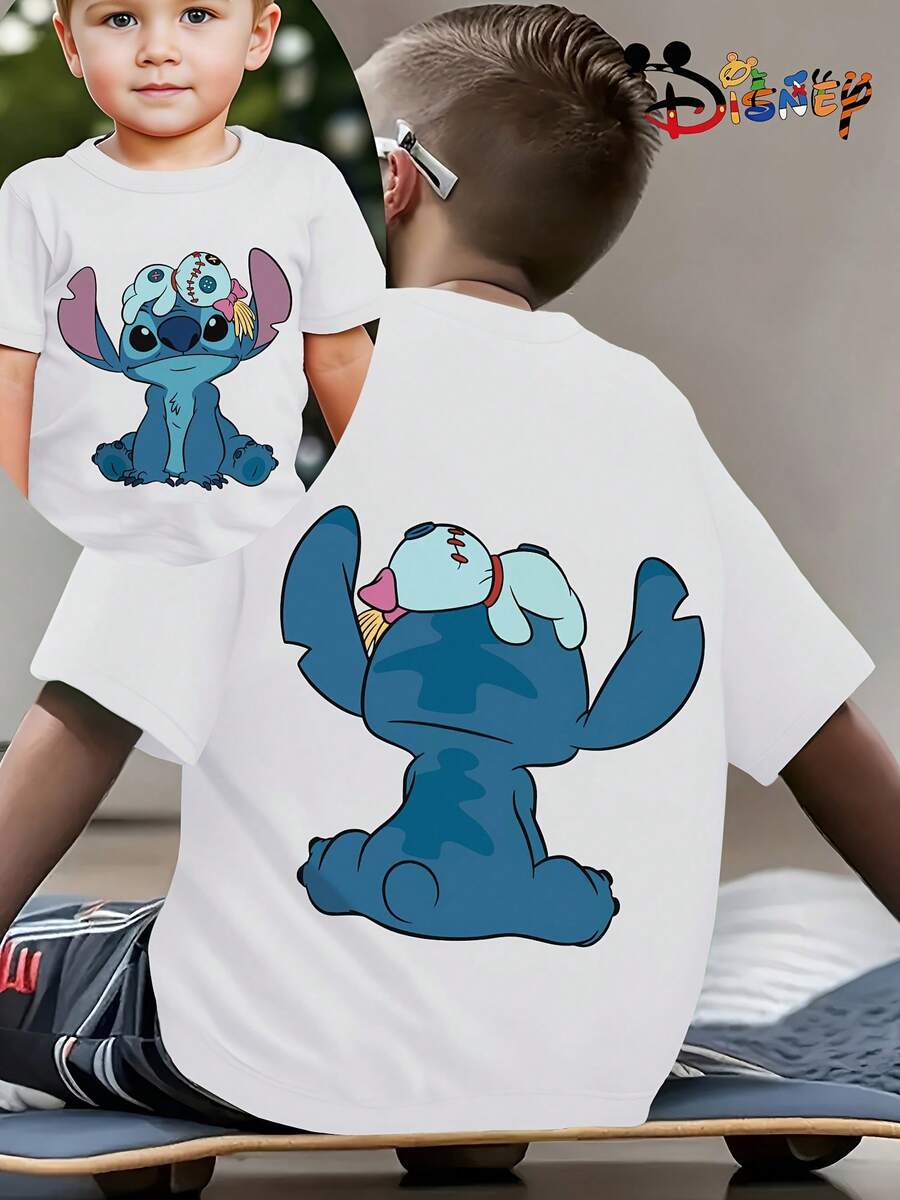 1pc Disney Boys & Girls Kids Lilo & Stitch Stitch T-Shirt - Cute Stitch & Scrump Back Print, Breathable Summer Short Sleeve Tee Suitable For 8-14 Years Boys & Girls, Birthday Outfit, School Uniform, Outdoor Play - Official Kids Apparel - 白色 - 查看 1