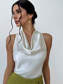 Blusa de mujer simple y elegante en tono albaricoque con cuello en V y corbata en la cintura. - Albaricoque 2 - Ver 1