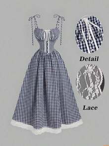 Vestido midi de estilo romántico y campestre con estampado de cuadros rojos y blancos - Azul marino - Ver 2