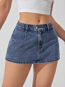Minifalda de jean de moda con decoración de botón en la cintura para mujer - Azul lavado medio - Ver 6