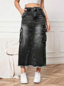 Minifalda de mezcla de algodón para mujer, de unicolor, con bolsillos, adecuada para todo el año, casual, negra, primavera - Negro - Ver 6