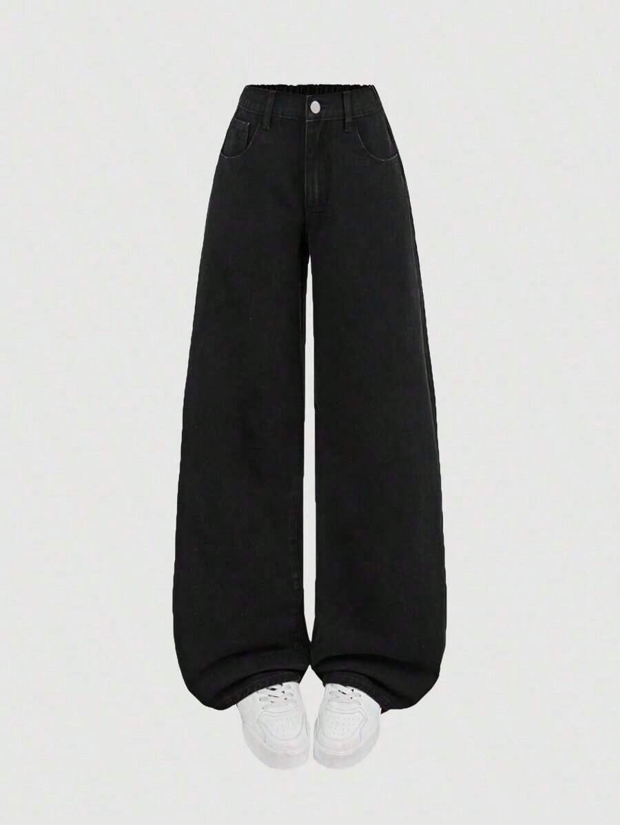 Jeans sencillos de uso diario con estampado de bigotes de gato para niñas adolescentes - Negro - Ver 1