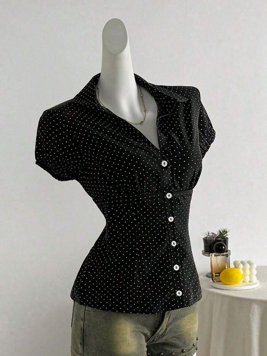 Camisa de mujer con cuello en V, cintura fruncida y manga corta, color blanco, para primavera/verano - Negro 2 - Ver 1