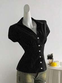 Camisa de mujer con cuello en V, cintura fruncida y manga corta, color blanco, para primavera/verano - Negro 2 - Ver 8