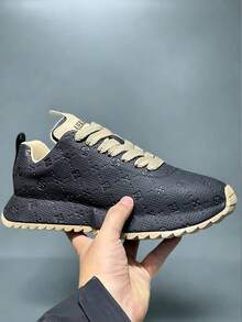 男士冬季杯底 LU Fashion 壓紋休閒運動鞋，復古英倫風品牌百搭輕量防滑舒適拼接透氣戶外厚底運動鞋，訓練鞋 - 黑色 - 查看 6