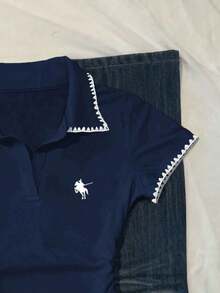 Camiseta casual de mujer con ribete de contraste y cintura fruncida, para verano - Azul marino - Ver 4