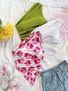 Top corto sin mangas con volantes y estampado de flores rojas, corte asimétrico, adecuado para el verano y vacaciones - Multicolor - Ver 4