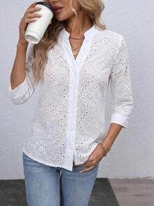 Blusa de mujer con bordado floral y cuello con muesca, manga 3/4.Tops de manga tres cuartos - Blanco 4 - Ver 3