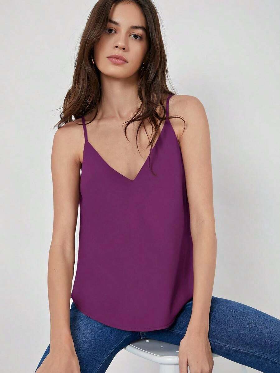 Camisola casual y versátil de verano de color blanco con cuello en V para el trayecto diario - Morado - Ver 1