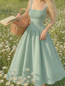 Vestido elegante de longitud media sin mangas con diseño de cintura plisada y unicolor para mujer - Verde pastel - Ver 2