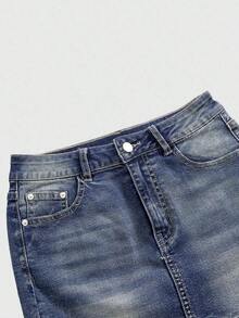 Minifalda ajustada de cintura baja con bordado de mariposa, estilo Y2K - Azul - Ver 4