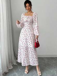 Vestido largo con cuello cuadrado, mangas farol y estampado floral para mujer - Albaricoque - Ver 3