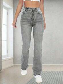 Jeans de campana clásicos y versátiles, cómodos y elásticos para adolescentes - Gris - Ver 3