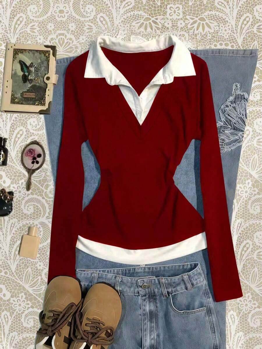 Blusa casual de manga larga con cuello de contraste y diseño 2 en 1 para mujer - Burdeos - Ver 1