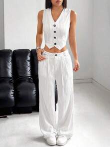 Unity Conjunto de top sin mangas con botones frontales a rayas y pantalones largos para mujer - Blanco - Ver 4