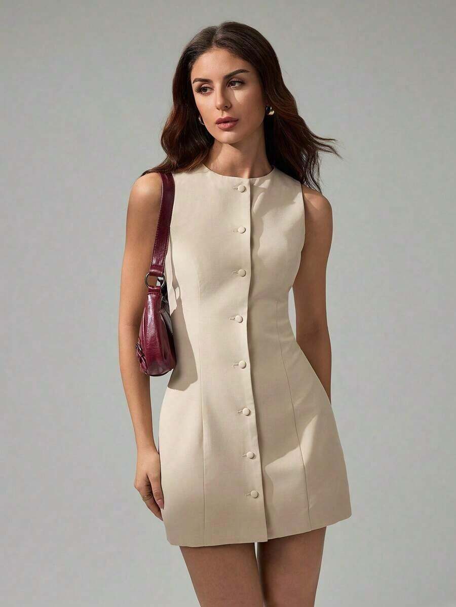 Tall Vestido corto casual sin mangas de cuello redondo y abotonado de un solo pecho de unicolor para mujer - Albaricoque - Ver 1