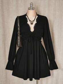 ICON Vestido mini de talla grande de unicolor casual con parches de encaje para mujer, ropa de otoño - Negro - Ver 11