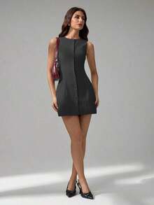 Tall Vestido mini elegante de unicolor con cuello redondo y sin mangas para mujer - Gris Oscuro - Ver 4