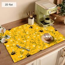 1 pieza Tapete de secado de platos, Tapete para máquina de café, Fondo amarillo con patrón de flores blancas, hojas verdes y abejas, Tapete absorbente y de drenaje, Adecuado para mesa de comedor y cafetería, Tapete de drenaje multiusos, Regalo para el hogar, Decoración de escritorio - XYLSD-343 - View 4