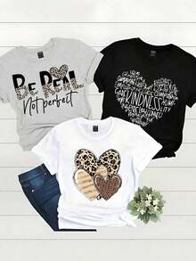 Set de 3 camisetas de mujer de manga corta y cuello redondo con estampado de leopardo/corazón, camisetas gráficas de verano "Be Real Not Perfect" para mujeres - Multicolor 6 - Ver 1