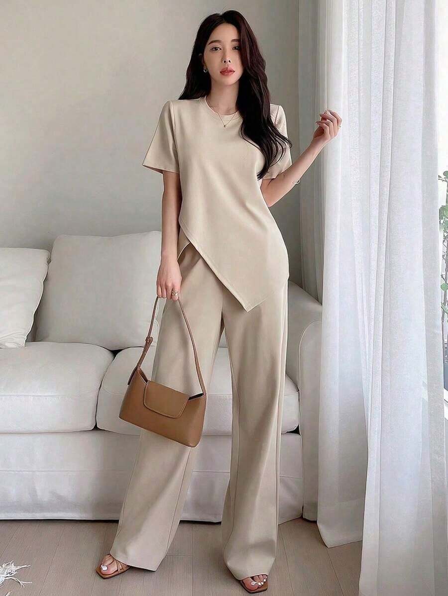 1 Conjunto de Camiseta de Manga Corta Asimétrica y Pantalones Casuales de Pierna Ancha para Mujer, Conjunto de Dos Piezas para Mujer - Albaricoque - Ver 1