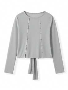 Women's Spring Summer Ruched Tops Long Sleeve Solid Color Slim Fit Sheer Blouses - Grey - View 1