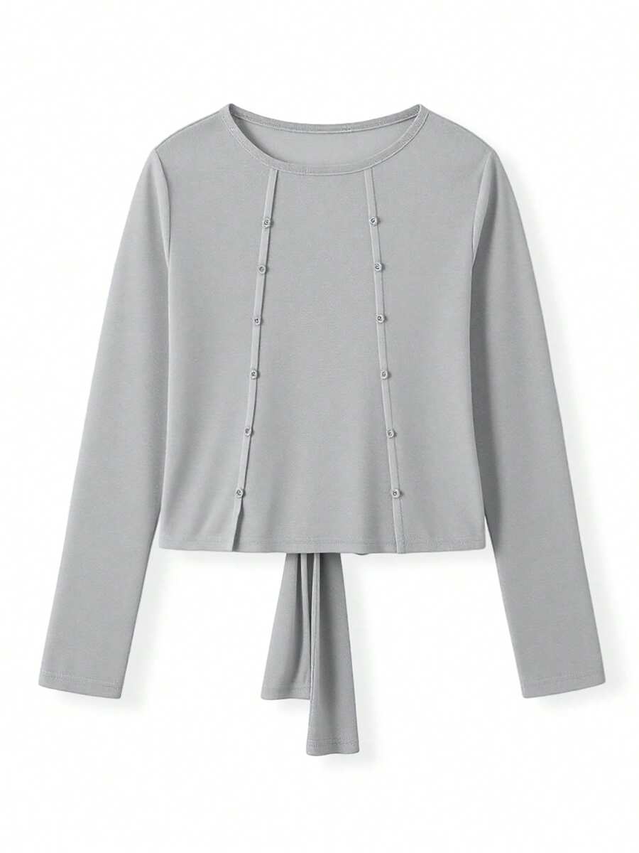 Women's Spring Summer Ruched Tops Long Sleeve Solid Color Slim Fit Sheer Blouses - Grey - View 1