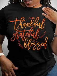 1 camiseta de talla grande con estampado de Acción de Gracias, top casual de manga corta y cuello redondo para primavera/verano, ropa de talla grande para mujer, 100% algodón.ropa de calor mujer - Negro - Ver 7