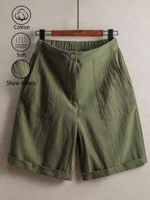 Pantalones de lino minimalistas casuales de unicolor para mujer, talla pequeña - Verde militar - Ver 1