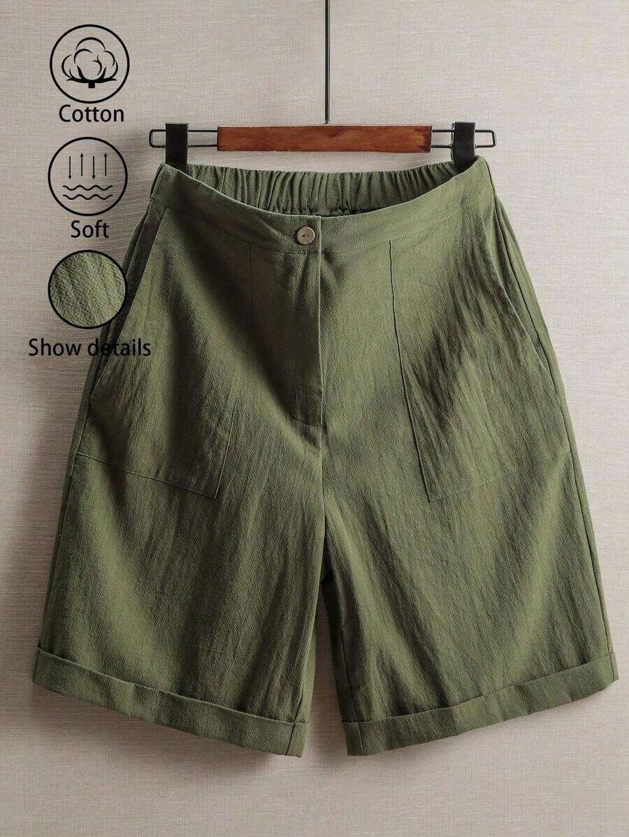 Pantalones de lino minimalistas casuales de unicolor para mujer, talla pequeña - Verde militar - Ver 1