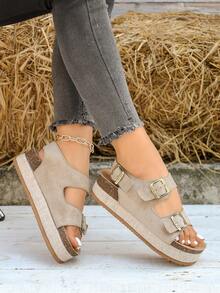 Giày sandal nữ điều chỉnh được kiểu đan rơm, quai đôi có khóa cài phía sau, hở mũi, đế dày, giày casual mùa hè, sandal đế dày, kiểu dáng đi nghỉ mát. - Màu kaki nhung - Xem 4