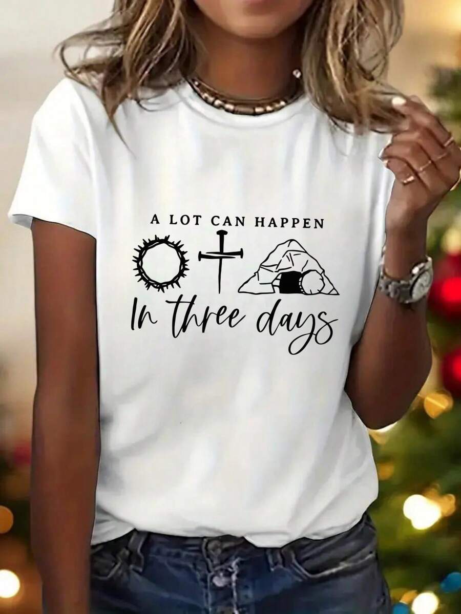 Elegante camiseta diaria de una pieza para mujer, con estampado de sol, cuello redondo, ideal para primavera y verano, estilo deportivo casual de manga corta, camiseta chic y a la moda para mujer. - Blanco - Ver 1