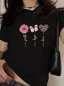 Camiseta estampada para mujer, top casual de manga corta, estampada con Fe, Esperanza, Amor y motivos de flores, mariposas y corazones, adecuada para salidas diarias y vacaciones - Camiseta unisex de algodón holgada de manga corta y cuello redondo estilo vintage urbano. - Negro - Ver 5