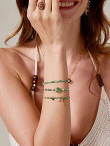 rundraw Beaded Bracelets Set For Women Stackable Healing Layered Bracelets Stack 3PCS Aquamarine Gemstone Crystal Dainty Boho Summer Jewelry For Women - Multicolor - View 4