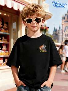 Disney Zootopia Comics Double Sided Printed Children's T-Shirt, Black Loose Round Neck Top, Small Front Logo+Nick, Judy, And Friends Comics Back, Full Of Fun Atmosphere, Breathable And Skin Friendly, Suitable For Summer Parks And Streets, Suitable For Both Men And Women - 黑色 - 查看 2