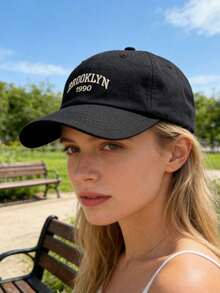 1 pieza Gorra de béisbol bordada Brooklyn para mujer, gorra casual unisex, protección solar para exteriores, ajustable, adecuada para viajes de primavera/otoño, vacaciones en la playa - Negro - Ver 4