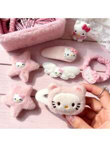 SANRIO 15件套粉色发夹套装，可爱毛绒猫嘴发夹，甜美少女学生卡通猫发夹，KT猫侧边发夹，日式侧边发饰，情人节礼物，KT猫头饰 - 粉紅混色款 - 查看 4