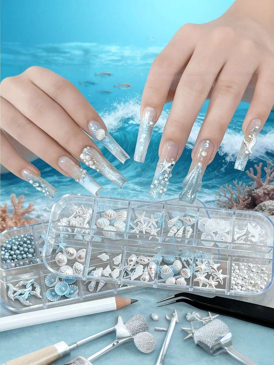3盒装3D海洋美甲装饰套装,白色珍珠贝壳海星海螺美甲饰品,树脂美甲宝石配件,适用于亚克力美甲DIY美甲工艺 - 彩色 - 查看 1