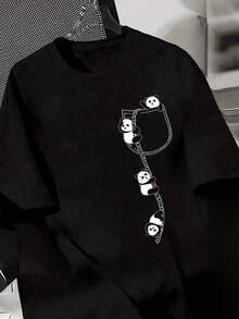 Adorable Women's T-Shirt With A Climbing Panda Pocket Print, Casual Short-Sleeve Crew Neck Tee, Comfortable And Stylish Graphic Design For Everyday Wear. The Perfect Gift! - 黑色 - 查看 6