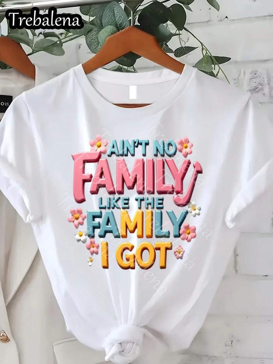 Talla Grande - Camiseta de Cuello Redondo Talla Grande con Letras Coloridas "No Hay Familia Como la Que Tengo" - Camiseta de Manga Corta Talla Grande - Top Casual de Moda para Verano y Primavera - Ropa de Mujer para el Día de la Madre/Día de los Caídos/Juneteenth 0XL-4XL - Blanco5 - Ver 1