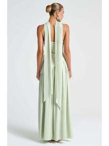 Vestido largo sin tirantes color liso espalda descubierta con abertura elegante - Verde - Ver 4