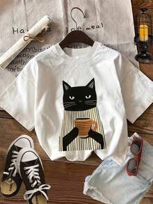 Camiseta de Verano Casual para Mujer, Estilo Ilustrado, Estampado de Gato Negro, Cuello Redondo, Manga Corta - Blanco - Ver 1
