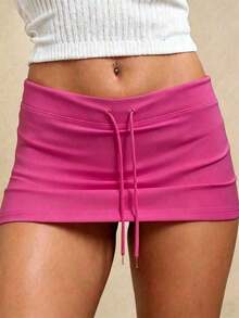 Minifalda de mujer con cintura baja y cordón, para verano - Rosa Fucsia - Ver 5