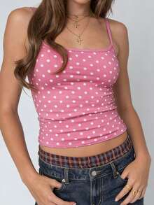 Women Polka Dot Print Square Neck Cami Tank Top - Pink - View 4